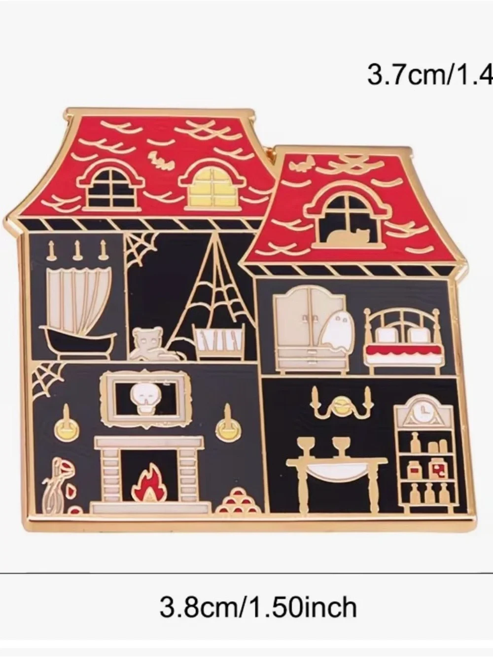 Halloween Haunted House Enamel Pin - Red and Black Fireplace Ghost Spiderwebs